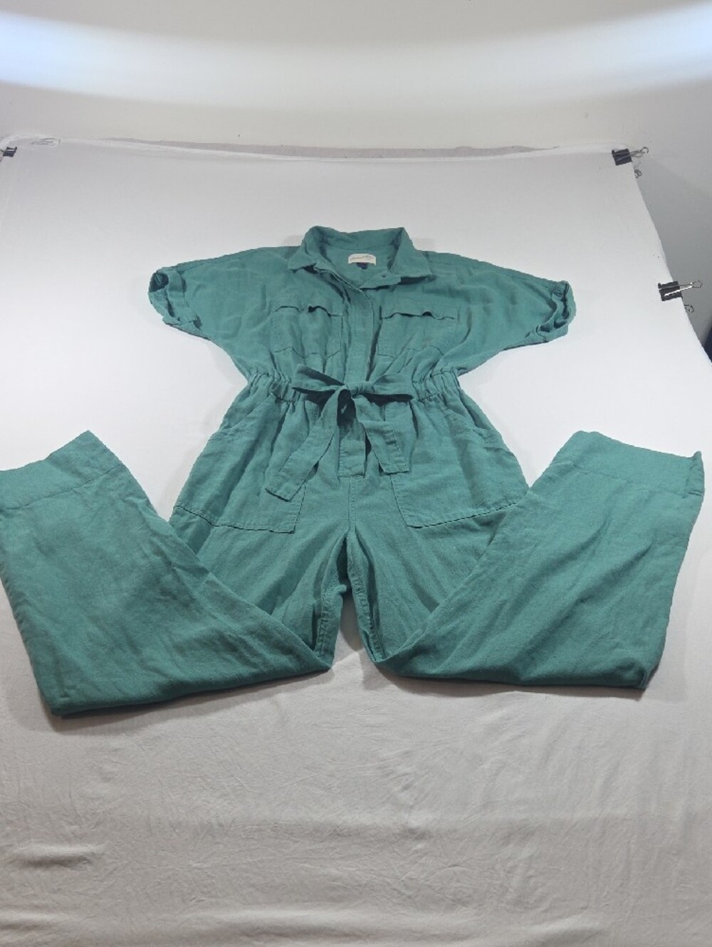 Universal Thread Casual Teal Utility Jumpsuit Tie Waist Short Sleeve Casual - Picture 3 of 10
